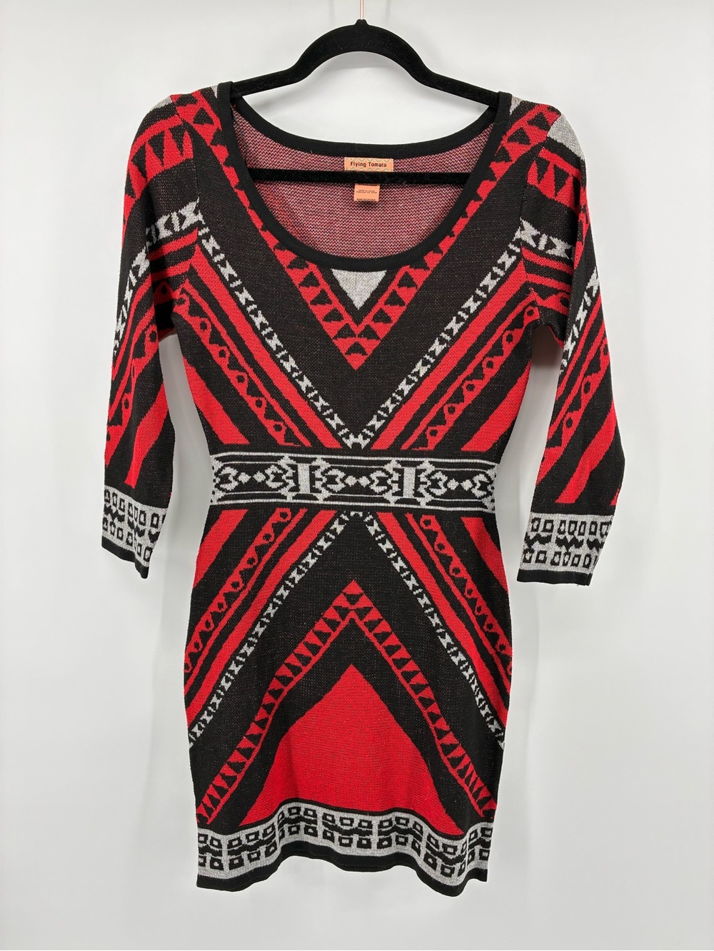 Flying Tomato Y2K Evening Red & Black Geometric Knit Long Sleeve Mini Dress